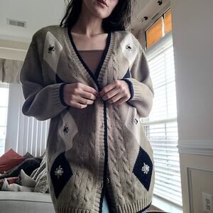 Vtg Alfred Dunner Argyle Sweater Cardigan Sz L Oldmoney Academia